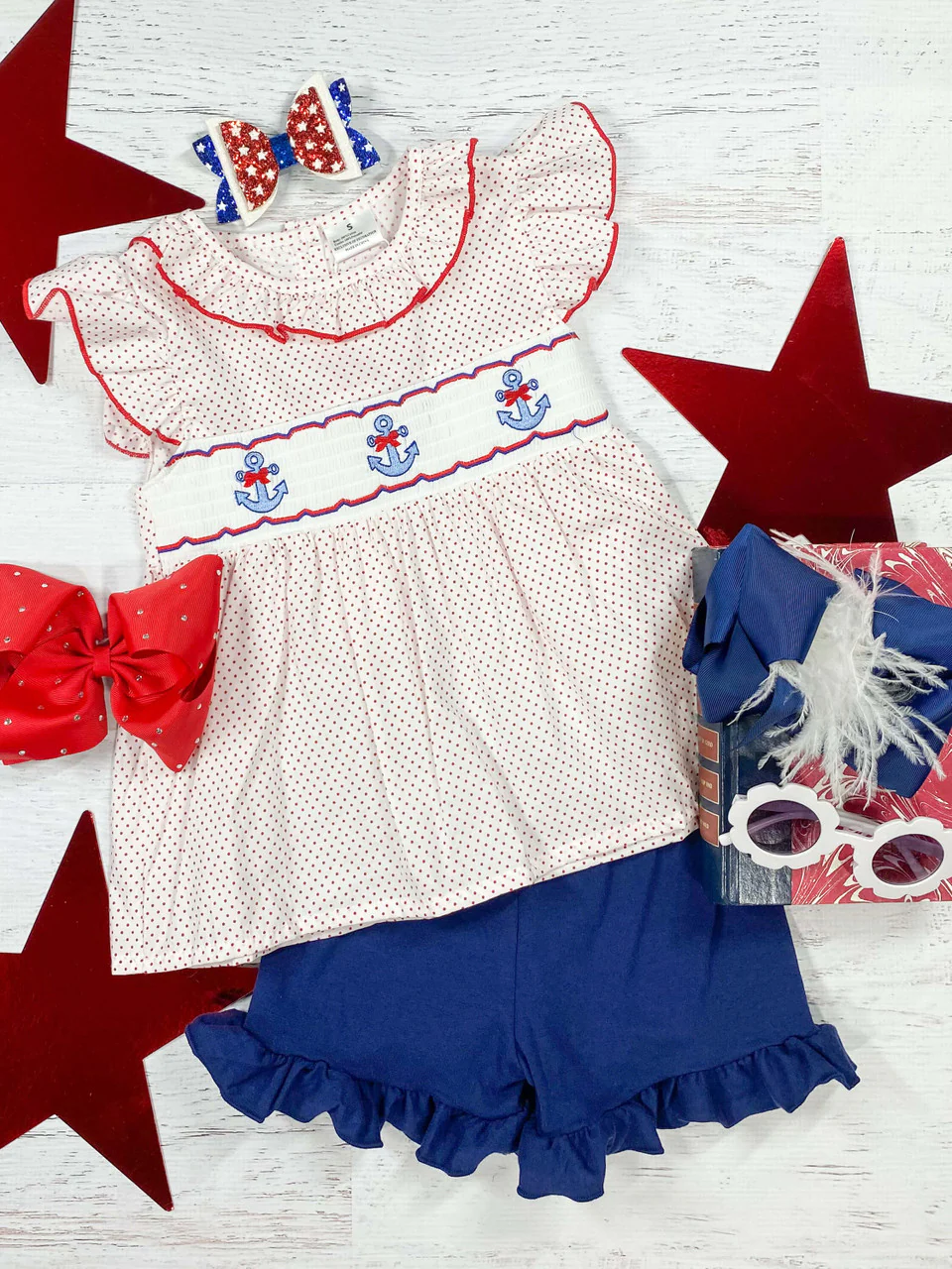 (Custom Design Preorder MOQ 5) Anchor Dots Tunic Top Blue Ruffle Shorts Girls 4th of July Clothes Set