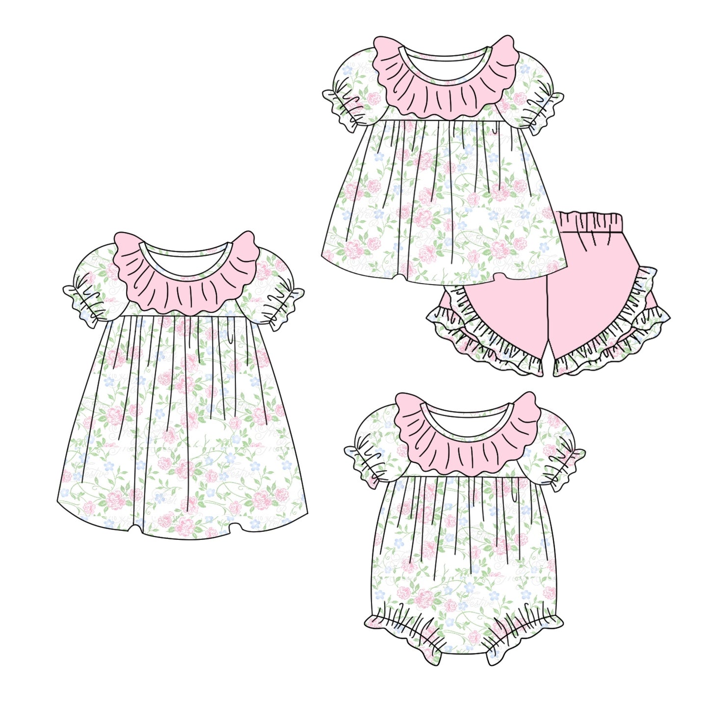 11.4(Custom Design Preorder MOQ 5 Each Design) Pink Flowers Print Girls Summer Matching Clothes Set Sisters Wear