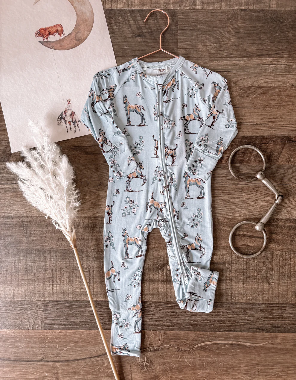 (Custom Design Preorder MOQ 20) Horse Flowers Grey Print Baby Girls Bamboo Sleeper Zipper Romper