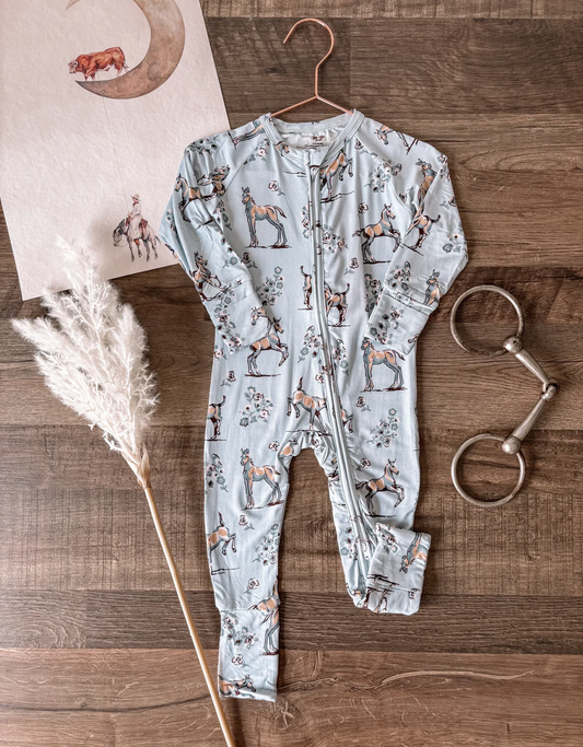 (Custom Design Preorder MOQ 20)  Horse Flowers Grey Print Baby Girls Bamboo Sleeper Zipper Romper