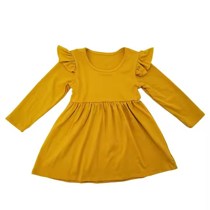 (Custom Design Preorder MOQ 5) Mustard Color Girls Long Sleeve Knee Length Dress
