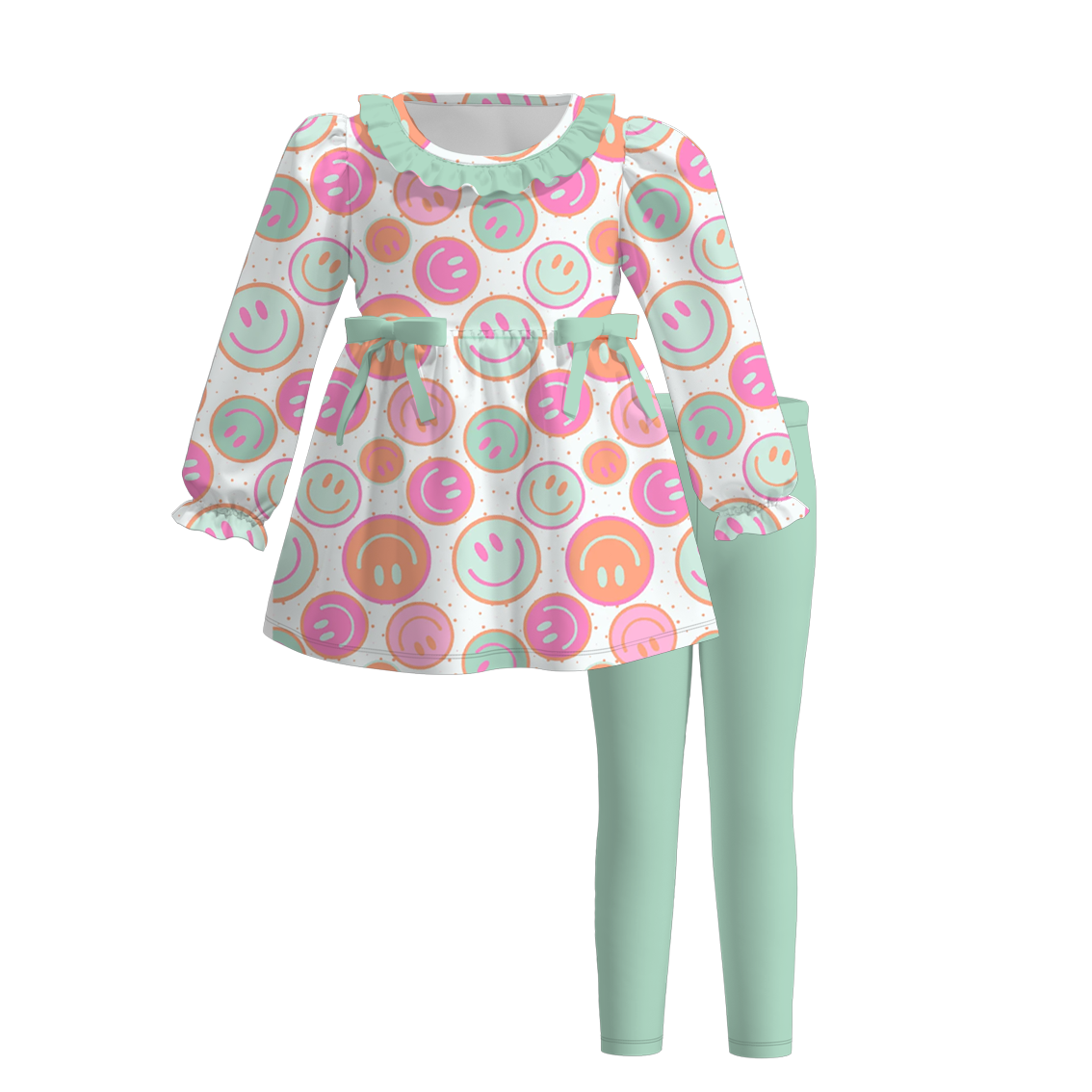 (Custom Design Preorder MOQ 5) Smiling Face Tunic Top Green Pants Girls Fall Clothes Set
