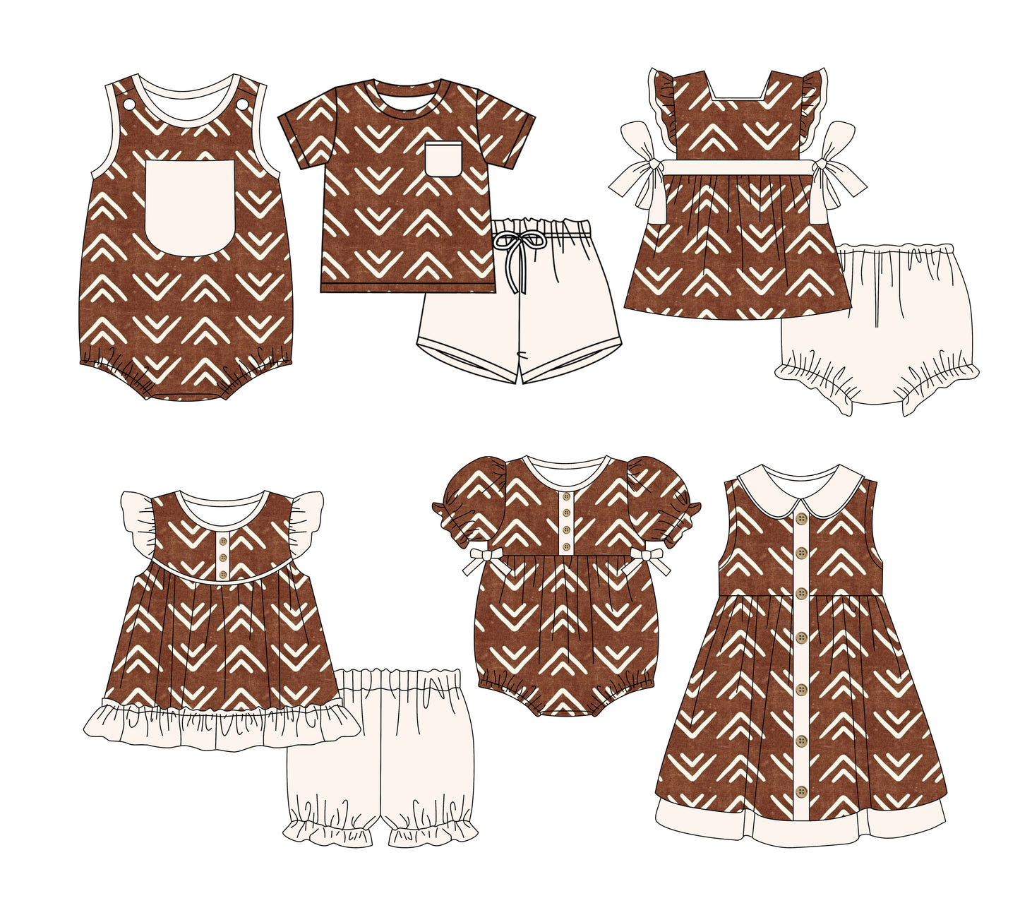 3.3(Custom Design Preorder MOQ 5 Each Design) Aztec Brown Print Kids Summer Matching Clothes Sibling Wear