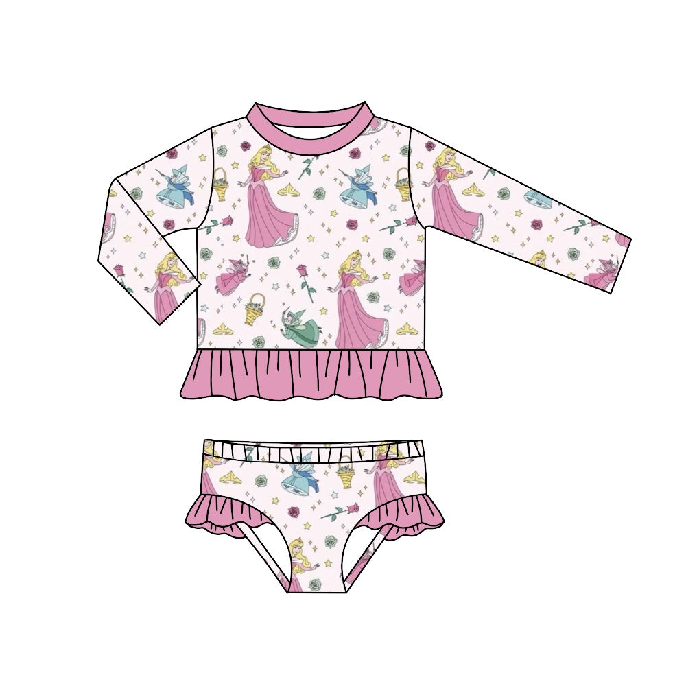 (Custom Design Preorder MOQ 5) Princess Rose Print Girls 2 Pieces Long Sleeve Swimsuits