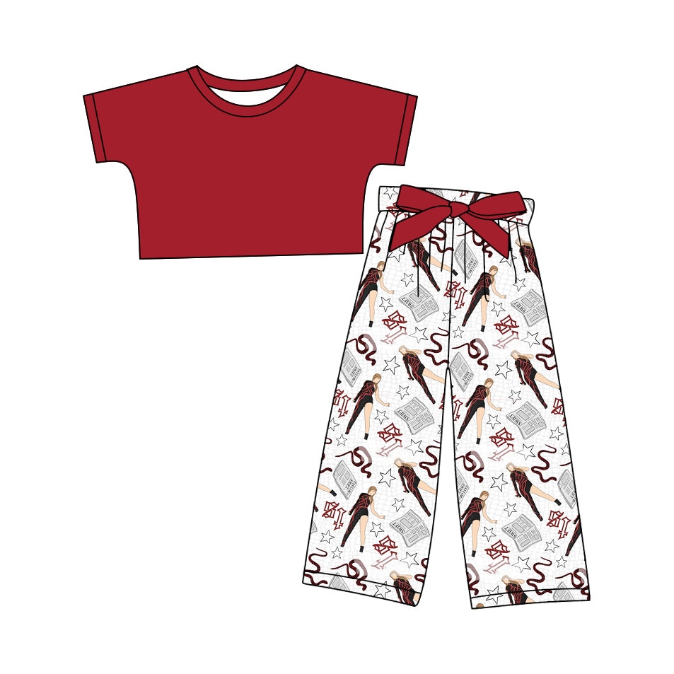 12.10(Custom Design Preorder MOQ 5) Red Top Singer Swiftie White Pants Girls Clothes Set