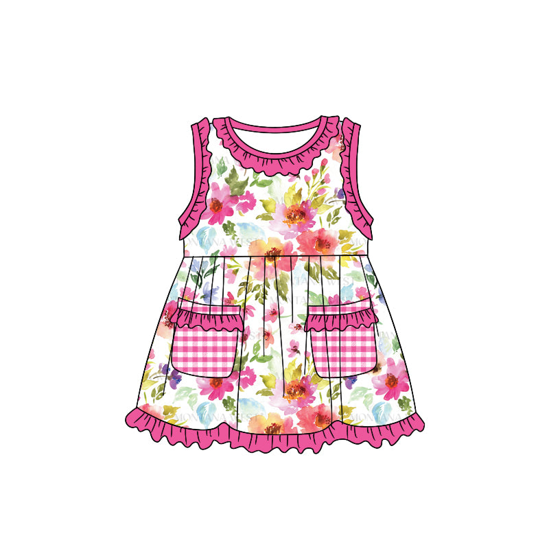 (Custom Design Preorder MOQ 5) Hot Pink Flowers Print Pockets Girls Knee Length Summer Dress