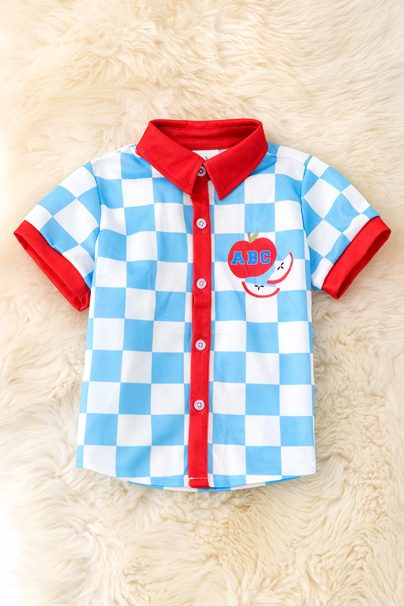 (Custom Design Preorder MOQ 5) ABC Blue Plaid Print Boys Back to School Tee Shirts Top