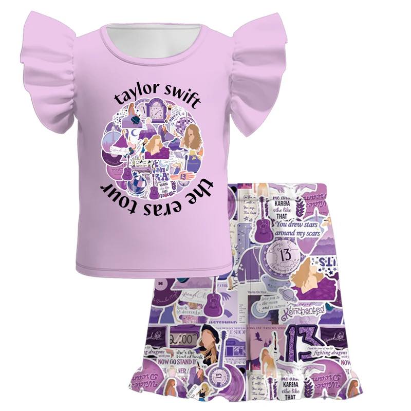 (Custom Design Preorder MOQ 5) Singer Swfite Top Purple Shorts Girls Summer Clothes Set