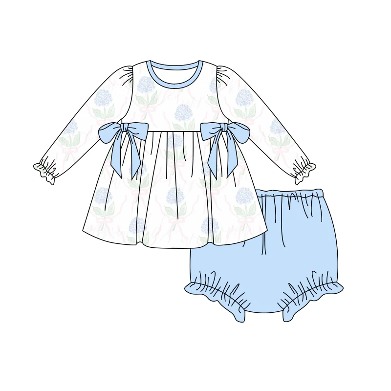 (Custom Design Preorder MOQ 5) Flowers Tunic Top Blue Shorts Baby Girls Bummie Set