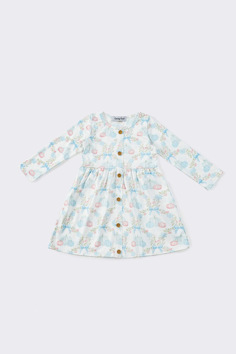 (Custom Design Preorder MOQ 5) Pumpkin Blue Bows Flowers Print Girls Knee Length Fall Dress