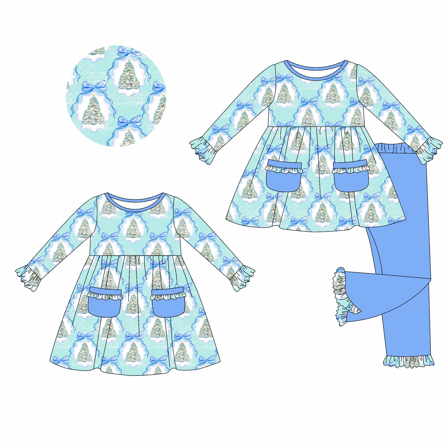 5.22(Custom Design Preorder MOQ 5 Each Design) Tree Bows Blue Print Pockets Girls Christmas Matching Clothes Sisters Wear