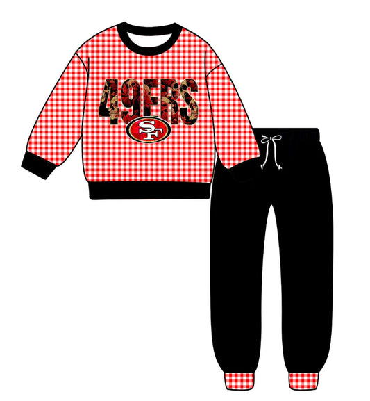(Custom Design Preorder MOQ 5) Team's 49EFS SF Plaid Print Black Pants Kids Fall Clothes Set