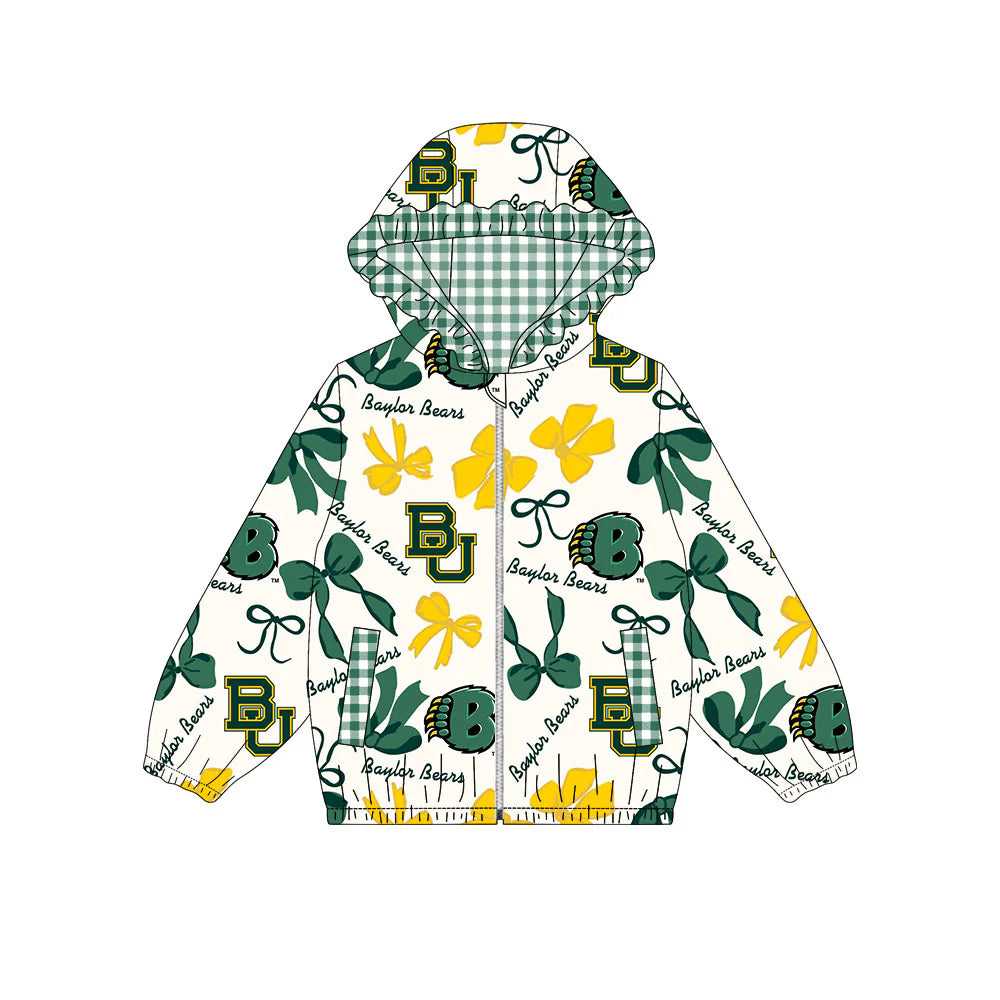 (Custom Design Preorder MOQ 5) Team's Baylor Bears Bows Print Pockets Girls Long Sleeve Zipper Jackets Top