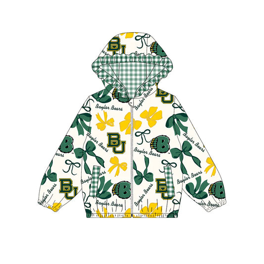(Custom Design Preorder MOQ 5) Team's Baylor Bears Bows Print Pockets Girls Long Sleeve Zipper Jackets Top