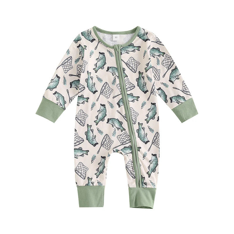 (Custom Design Preorder MOQ 20) Fishing Green Print Baby Boys Bamboo Sleeper Zipper Romper
