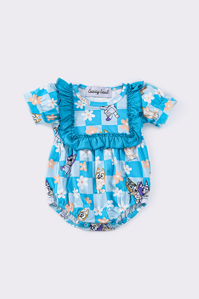(Custom Design Preorder MOQ 5) Cartoon Dog Blue Plaid Flowers Print Baby Girls Summer Romper