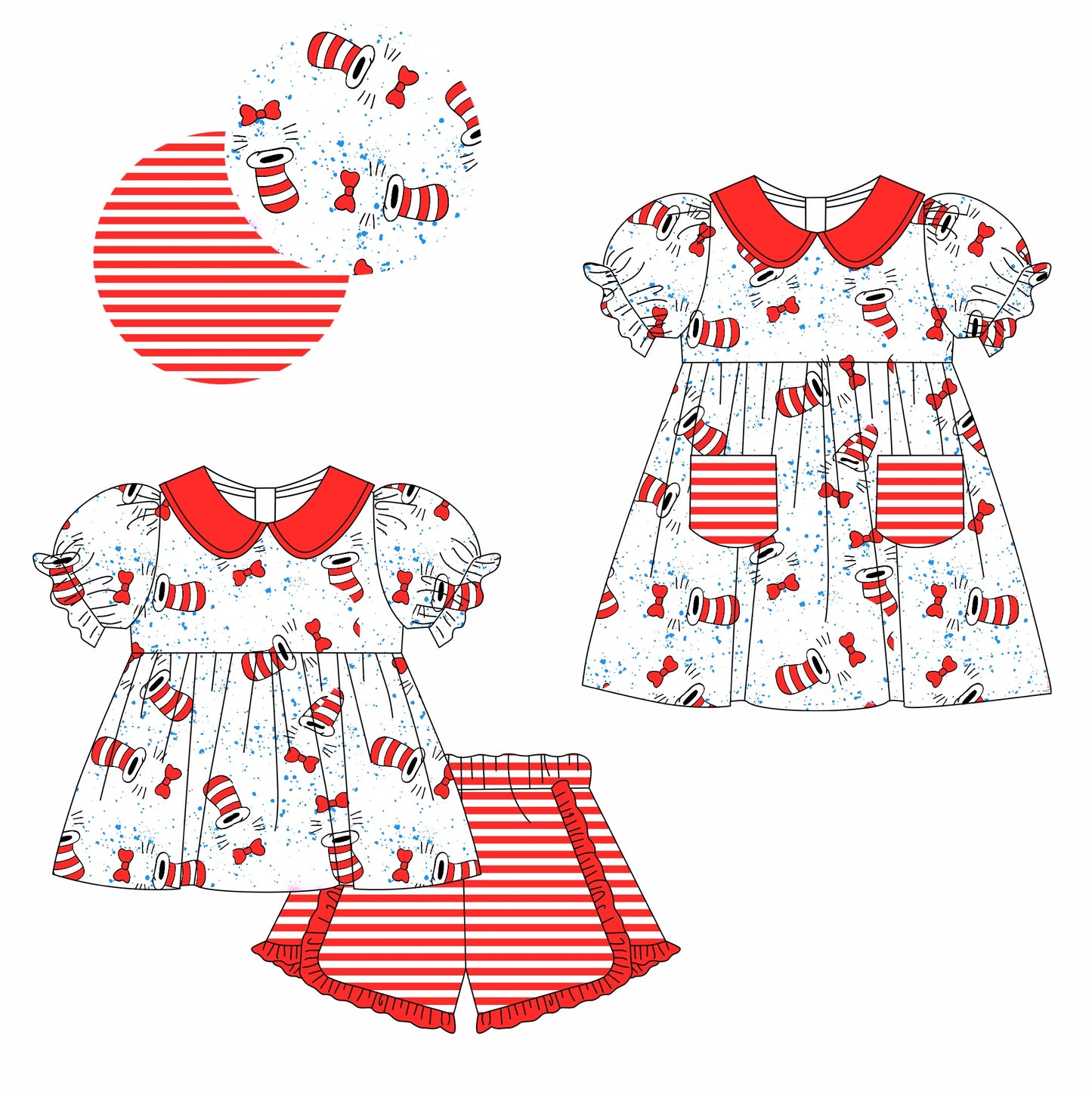 11.12(Custom Design Preorder MOQ 5 Each Design) Dr.Reading Cat Hat Print Girls Summer Matching Clothes Set Sisters Wear