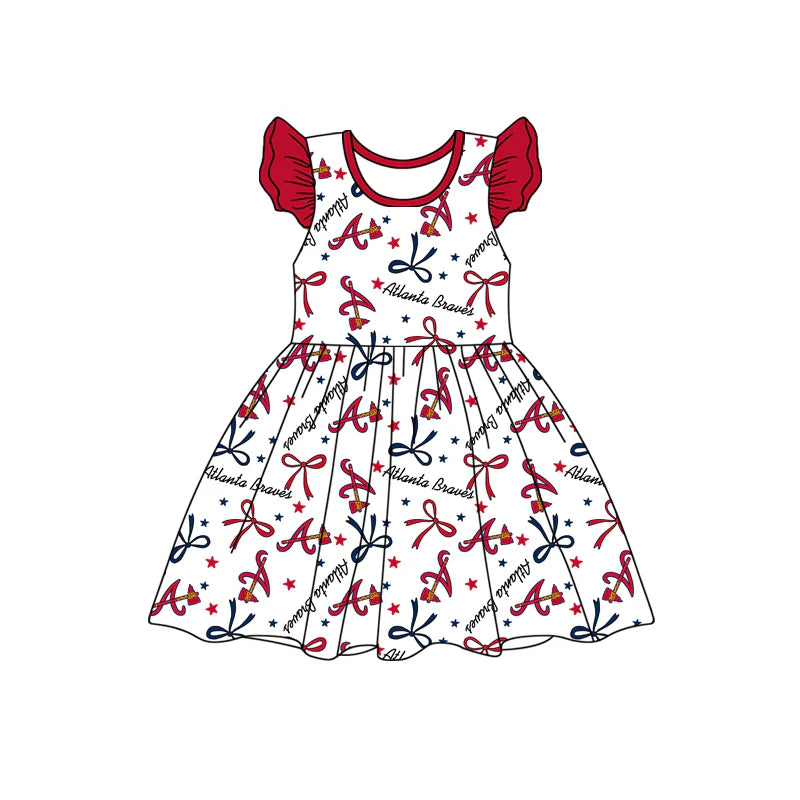 (Custom Design Preorder MOQ 5) Team's Atlanta Braves Bows Print Girls Knee Length Dress