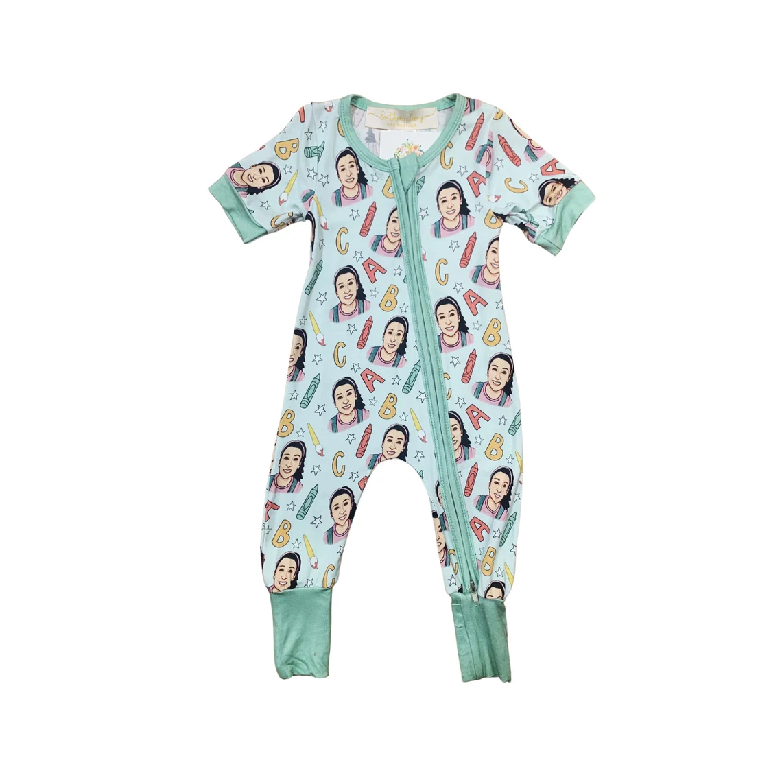 (Custom Design Preorder MOQ 20) Cartoon Teacher ABC Print Baby Bamboo Sleeper Zipper Romper