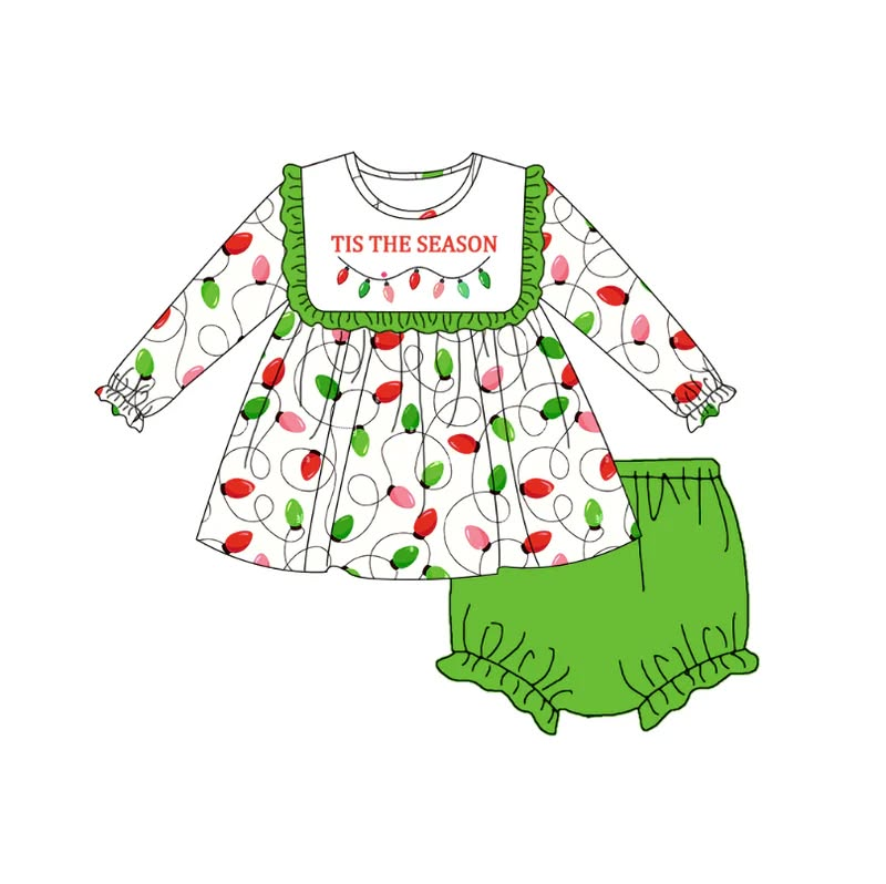 (Custom Design Preorder MOQ 5 ) Holiday Lights Tunic Top Green Shorts Baby Girls Christmas Bummie Set