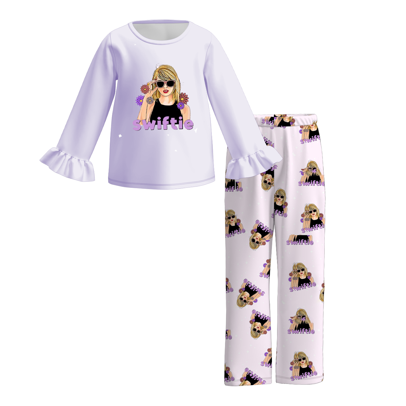 (Custom Design Preorder MOQ 5) Purple Flowers Top Singer Swiftie Pants Girls Fall Clothes Set