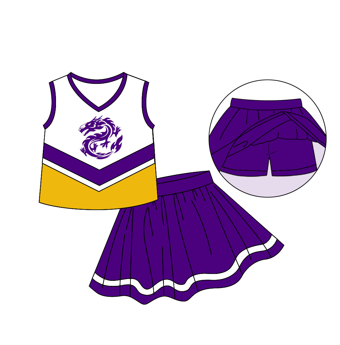 (Custom Design Preorder MOQ 5) Team's Purple Print Skirts With Shorts Girls Summer Clothes Set