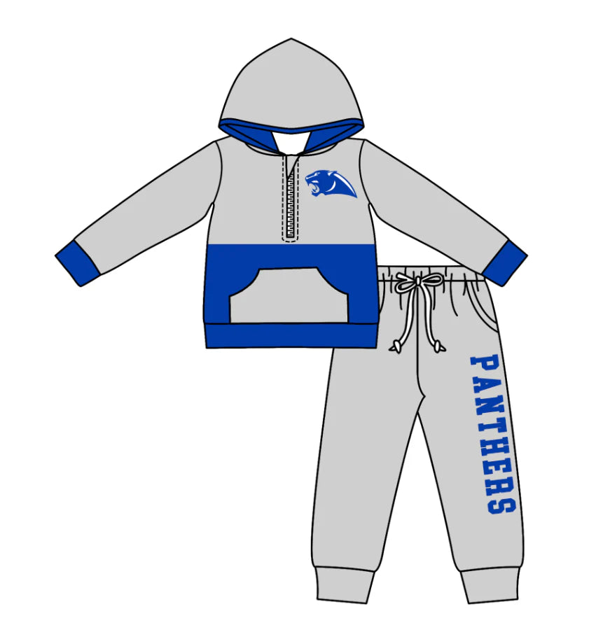 (Custom Design Preorder MOQ 5) Team's PANTHERS Print Hoodie Zipper Top Pockets Pants Boys Fall Clothes Set