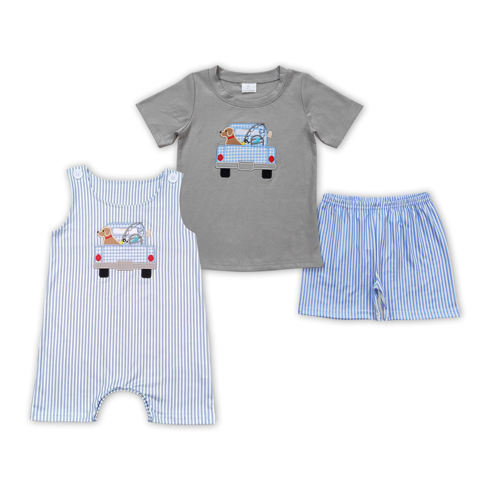 Dog Truck Embroidery Stripes Print Brothers Summer Matching Clothes