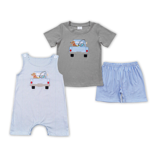Dog Truck Embroidery Stripes Print Brothers Summer Matching Clothes