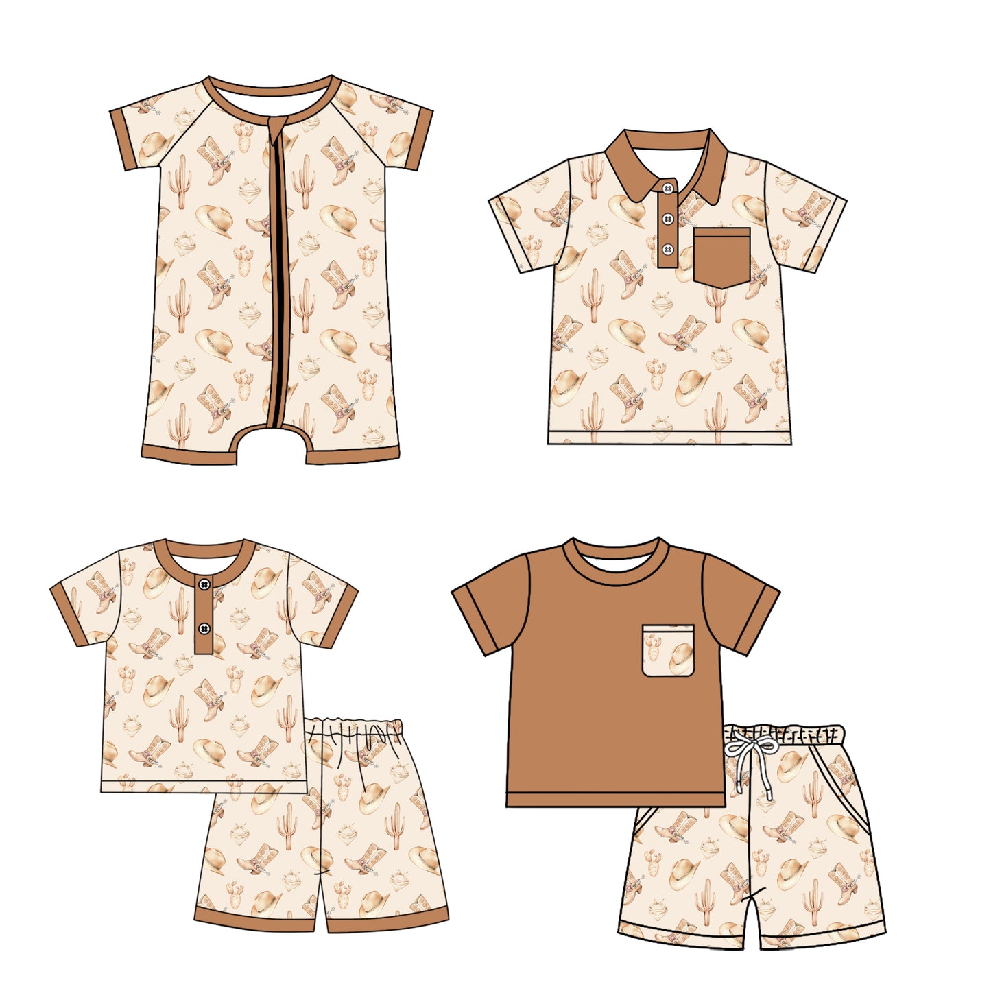 3.29(Custom Design Preorder MOQ 5 Each Design) Boots Hat Brown Print Boys Summer Matching Clothes Brothers Wear