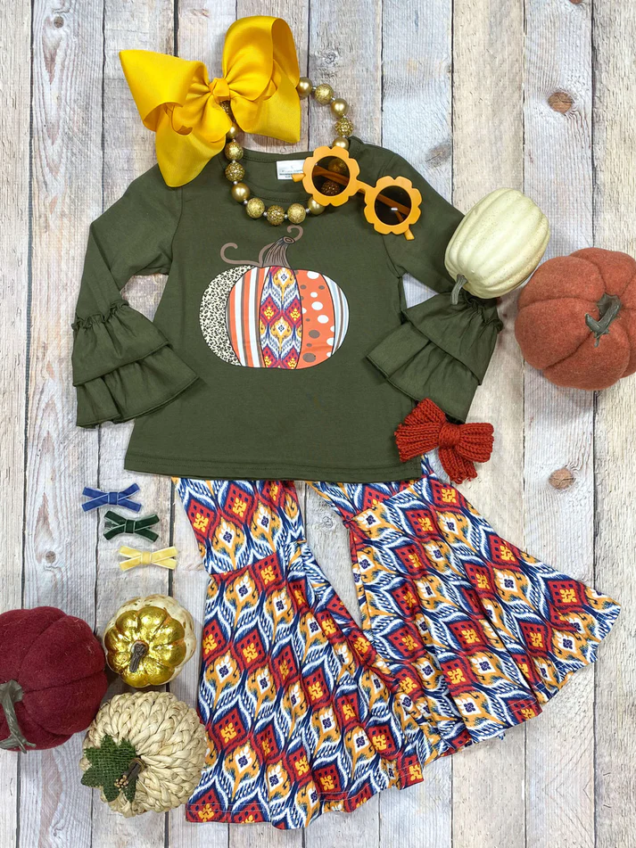 (Custom Design Preorder MOQ 5) Pumpkin Green Top Aztec Bell Pants Girls Fall Clothes Set