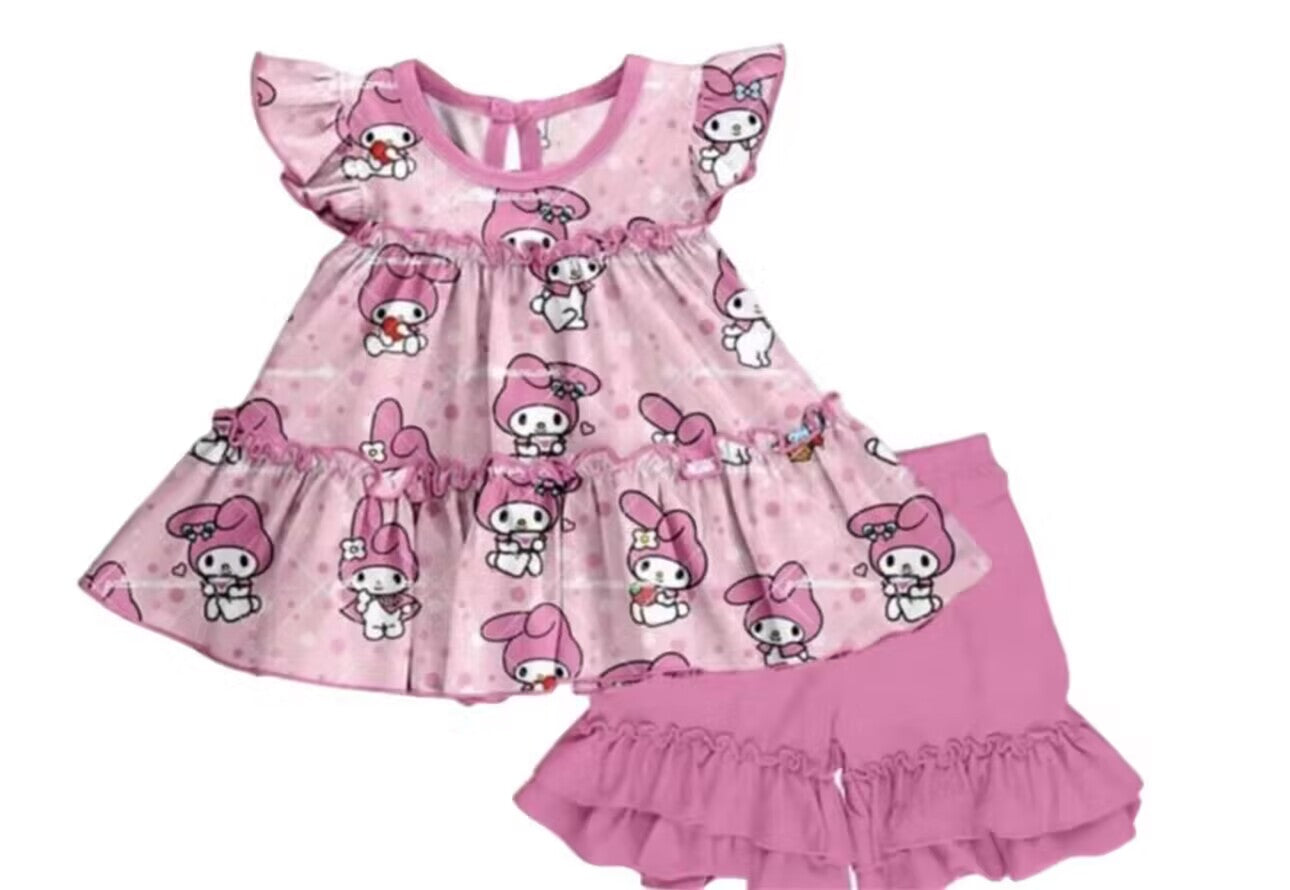 (Custom Design Preorder MOQ 5) Cartoon Bunny Top Pink Shorts Girls Summer Clothes Set