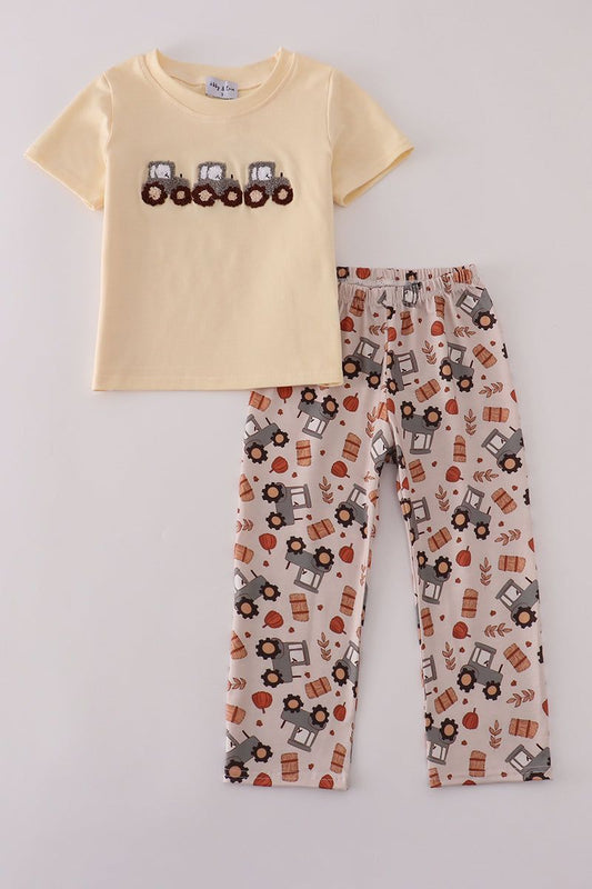 (Custom Design Preorder MOQ 5) Tractors Top Farm Pumpkin Pants Boys Fall Clothes Set