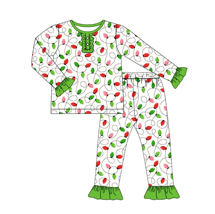 (Custom Design Preorder MOQ 5) Holiday Lights Print Girls Christmas Pajamas Clothes Set
