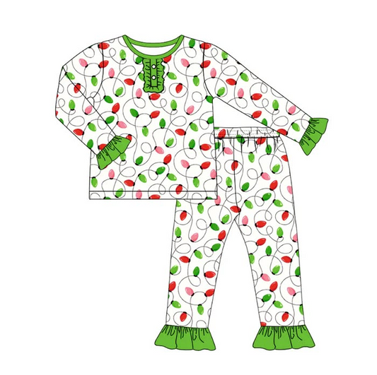 (Custom Design Preorder MOQ 5) Holiday Lights Print Girls Christmas Pajamas Clothes Set