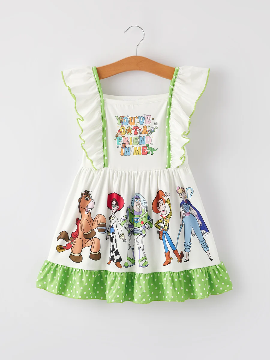 (Custom Design Preorder MOQ 5) Cartoon Toys Print Girls Knee Length Dress