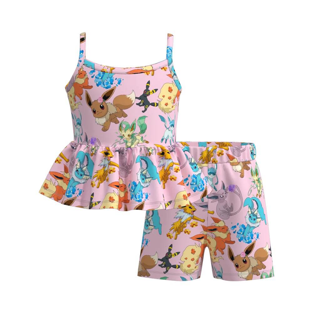 (Custom Design Preorder MOQ 5) Cartoon Pokémo* Pink Print Shorts Girls Summer Clothes Set