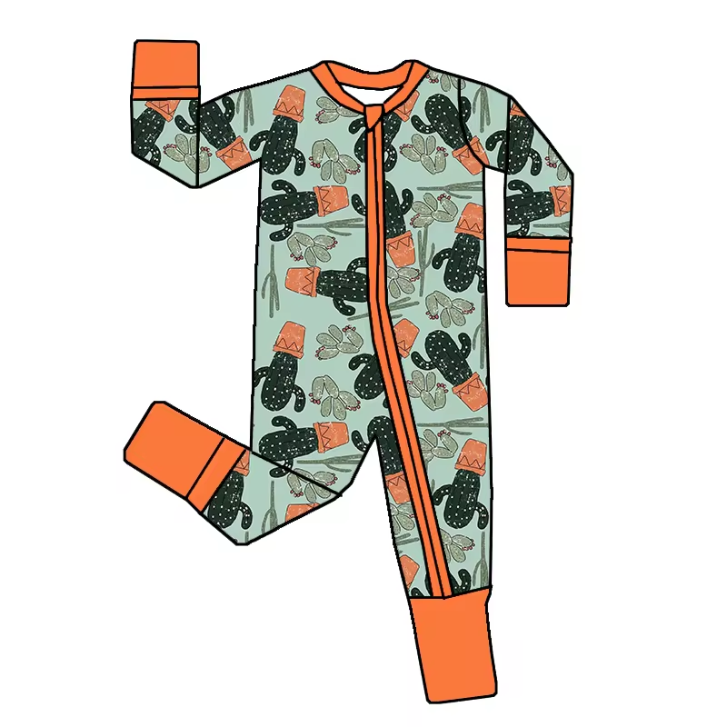 (Custom Design Preorder MOQ 5) Cactus Print Baby Zipper Sleeper Romper