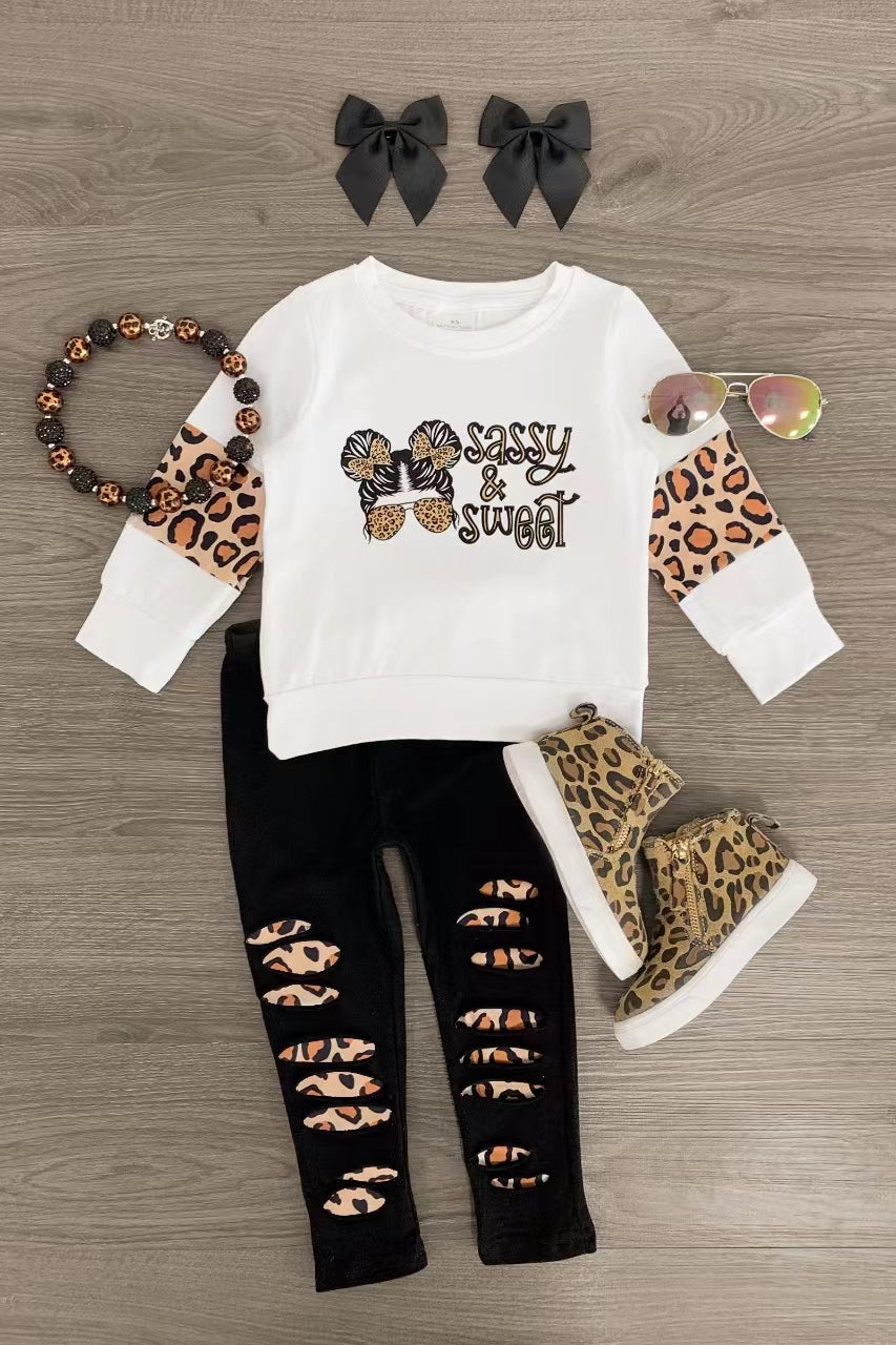 (Custom Design Preorder MOQ 5) Sassy Sweet Top Hole Leopard Legging Pants Girls Clothes Set