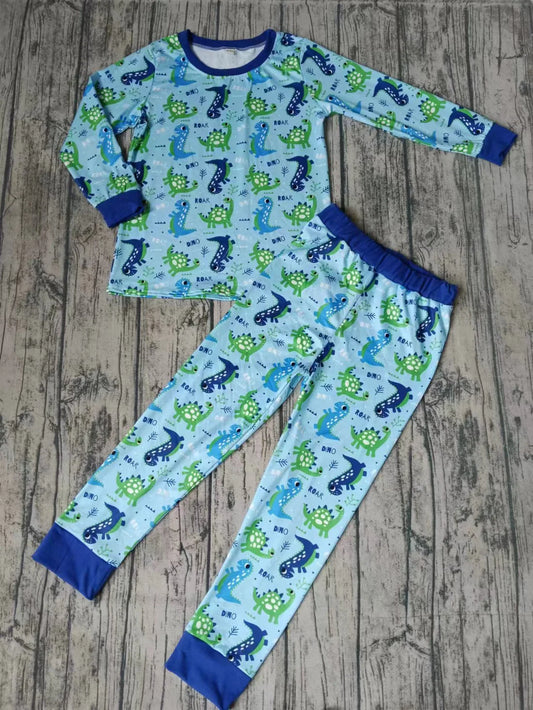 (Custom Design Preorder MOQ 5) Dino Green Blue Print Pants Boys Fall Pajamas Clothes Set