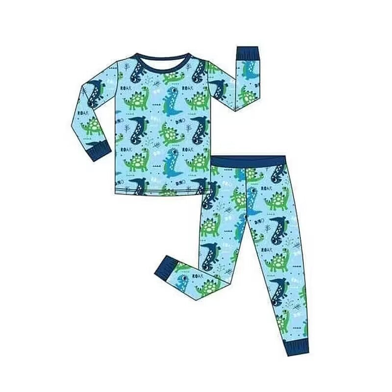 (Custom Design Preorder MOQ 5) Green Dino Print Boys Pajamas Clothes Set