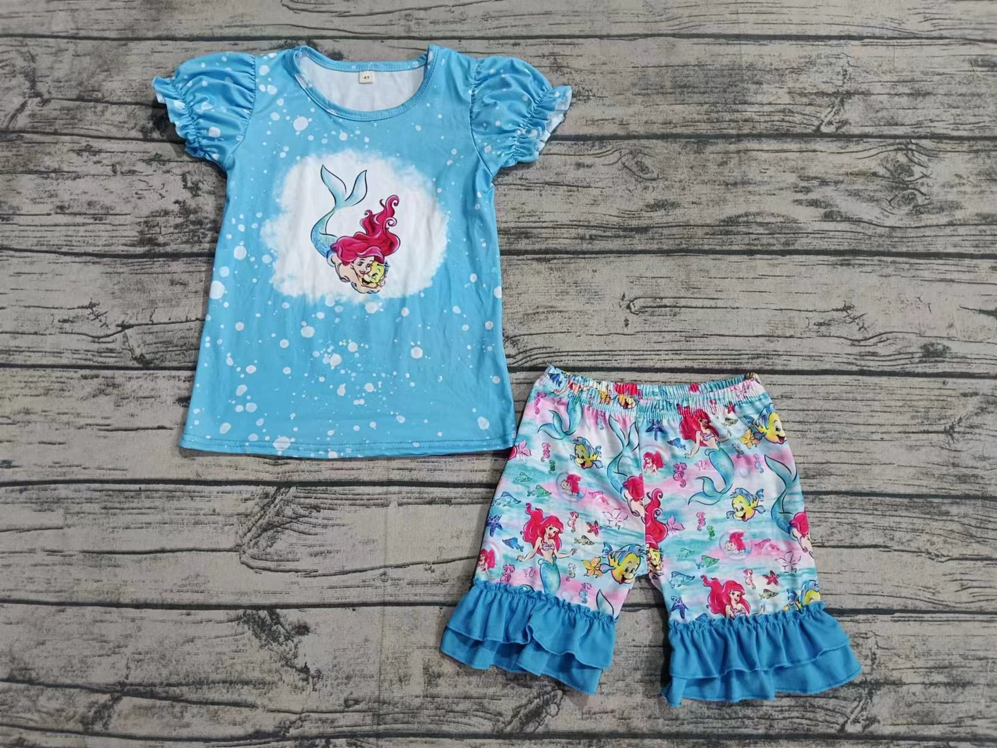 (Custom Design Preorder MOQ 5) Cartoon Mermaid Print Girls Summer Clothes Set