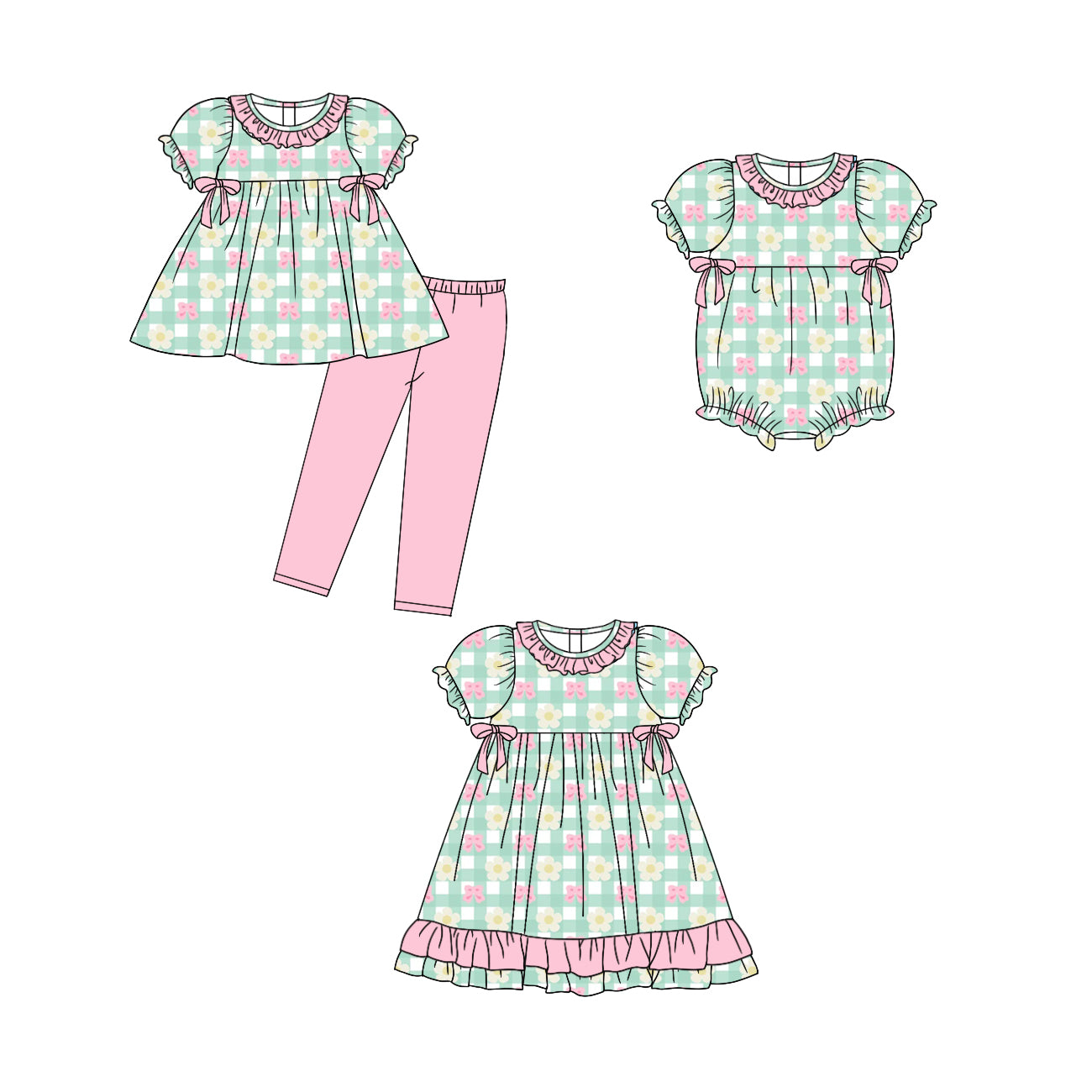 5.6(Custom Design Preorder MOQ 5 Each Design) Flowers Bows Plaid Print Girls Matching Clothes Sisters Wear