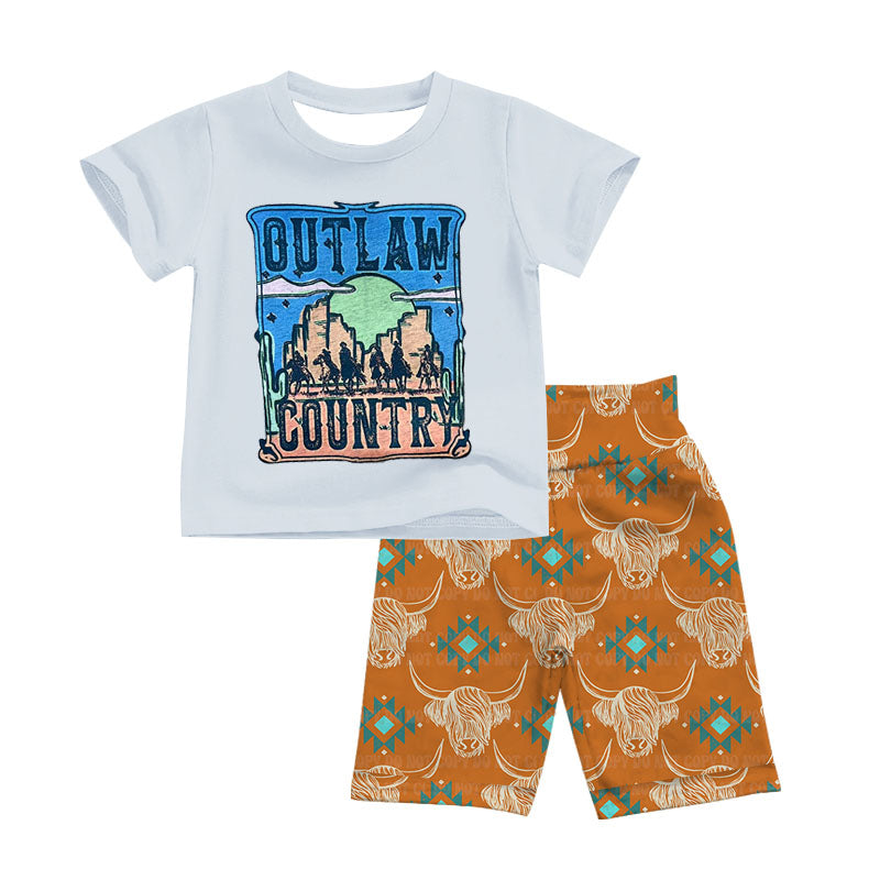 (Custom Design Preorder MOQ 5) Highland Cow Aztec Shorts Boys Western Clothes Set
