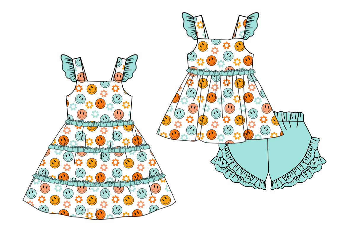 11.11(Custom Design Preorder MOQ 5 Each Design) Smiling Flowers Print Girls Summer Matching Clothes Set Sisters Wear