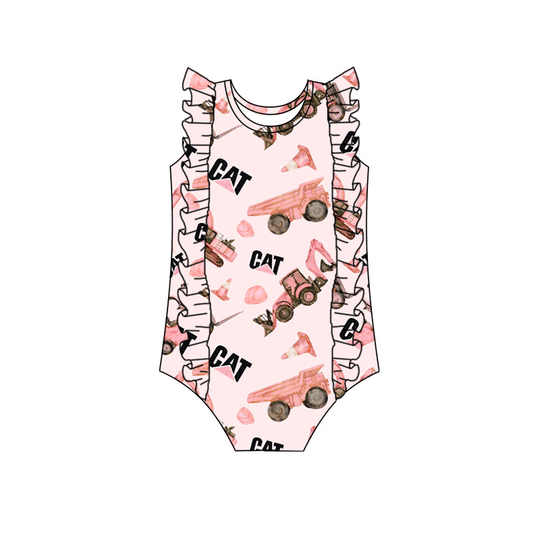 (Custom Design Preorder MOQ 5) Pink Construction Print Girls 1 Piece Swimsuits