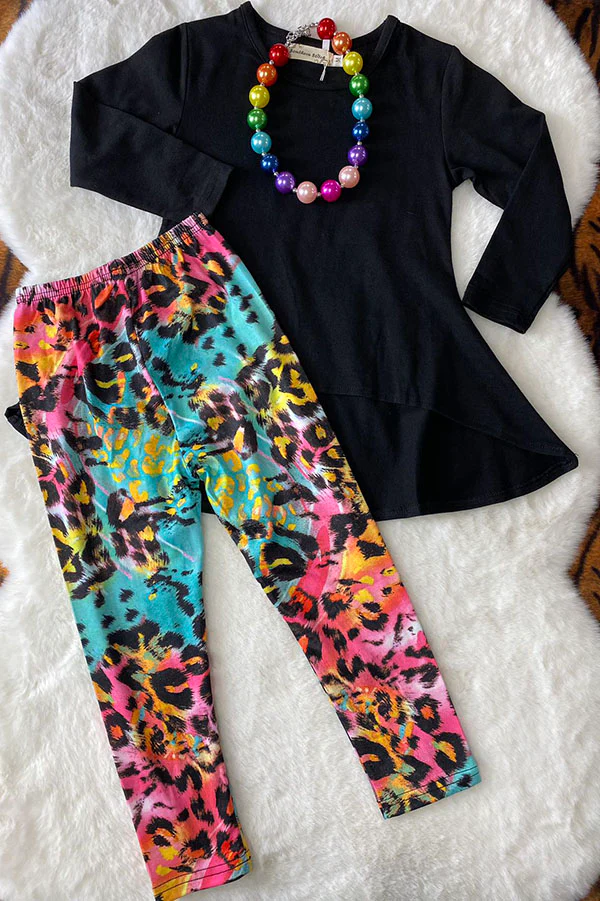 (Custom Design Preorder MOQ 5) Black Tunic Top Colorful Leopard Pants Girls Clothes Set