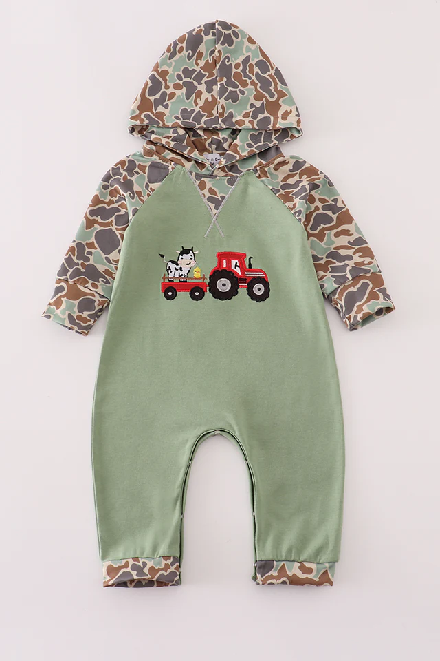 (Custom Design Preorder MOQ 5) Tractors Animals Camo Print Baby Boys Fall Hoodie Romper