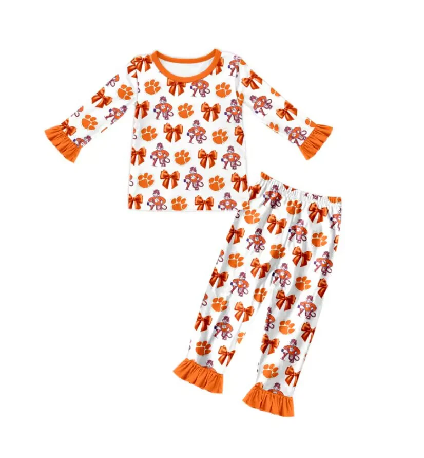 (Custom Design Preorder MOQ 20) Team's PAW Orange Print Girls Fall Bamboo Pajamas Clothes Set