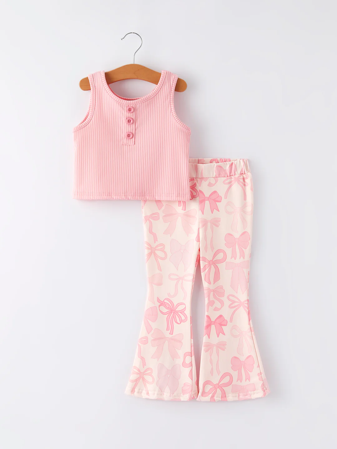 (Custom Design Preorder MOQ 5) Pink Tank Top Colorful Bows Flowers Bell Pants Girls Clothes Set